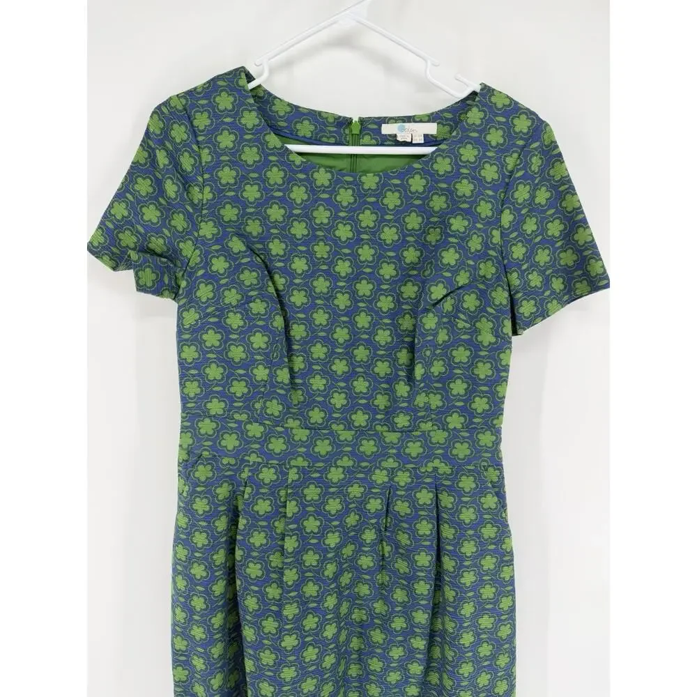 BODEN SIERRA Floral Print Dress Cotton Green & Blue Textured Pockets Womens 6R - Picture 2 of 9